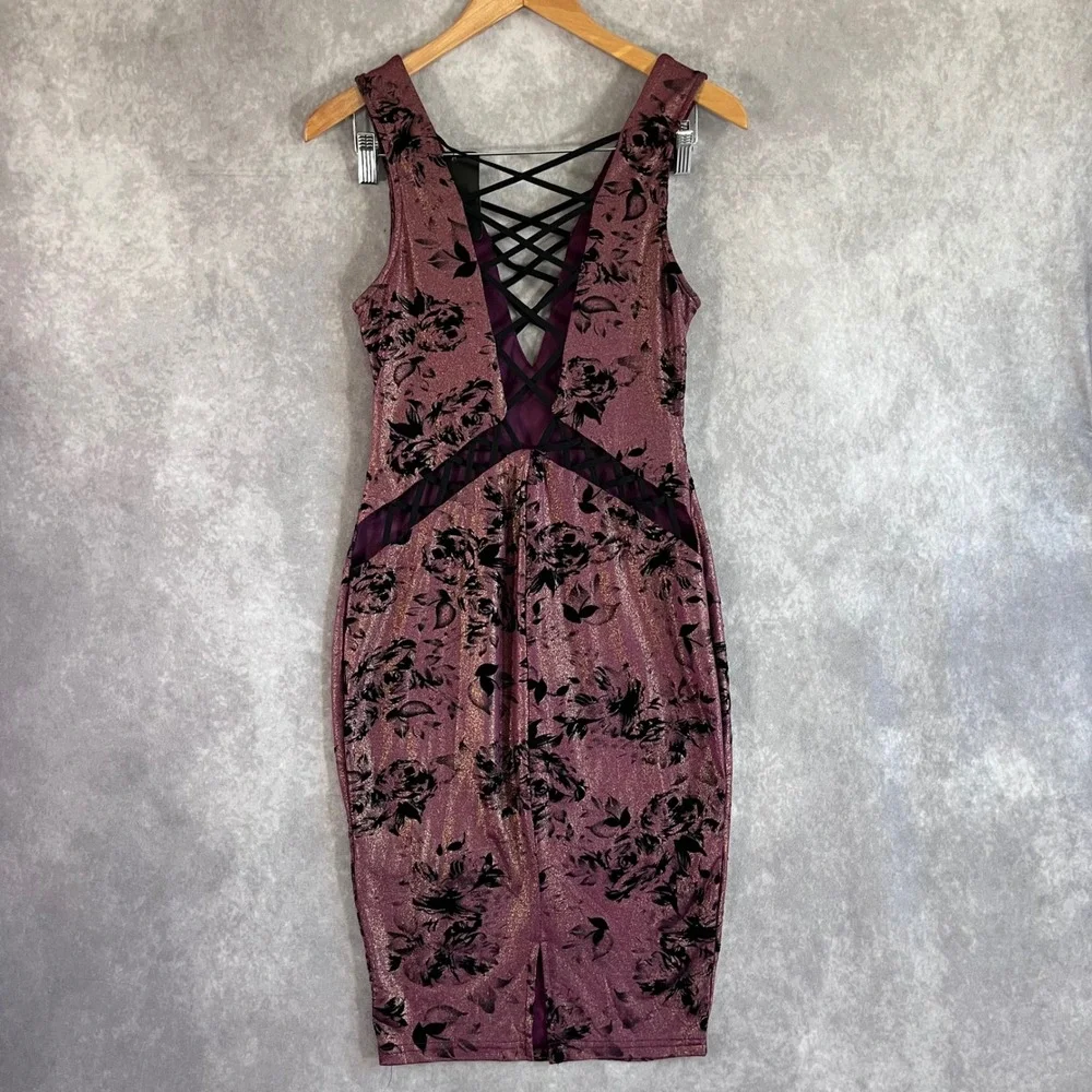 Privy Bodycon Dress Womens Medium Plum Metallic Floral Velvet Lace Up PD4380 NEW